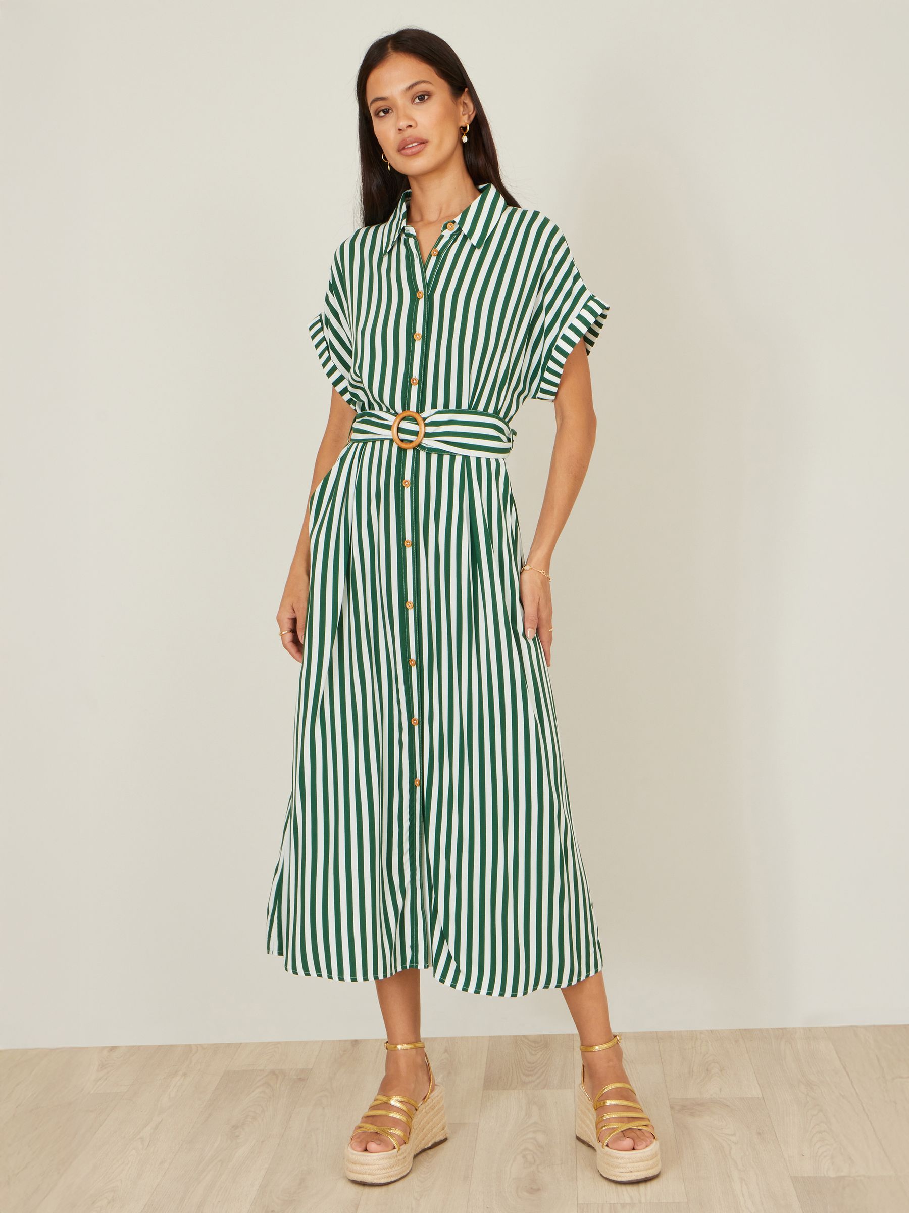 Next：日本 グリーンストライプ - Yumi Button Up Belted Midi Dress