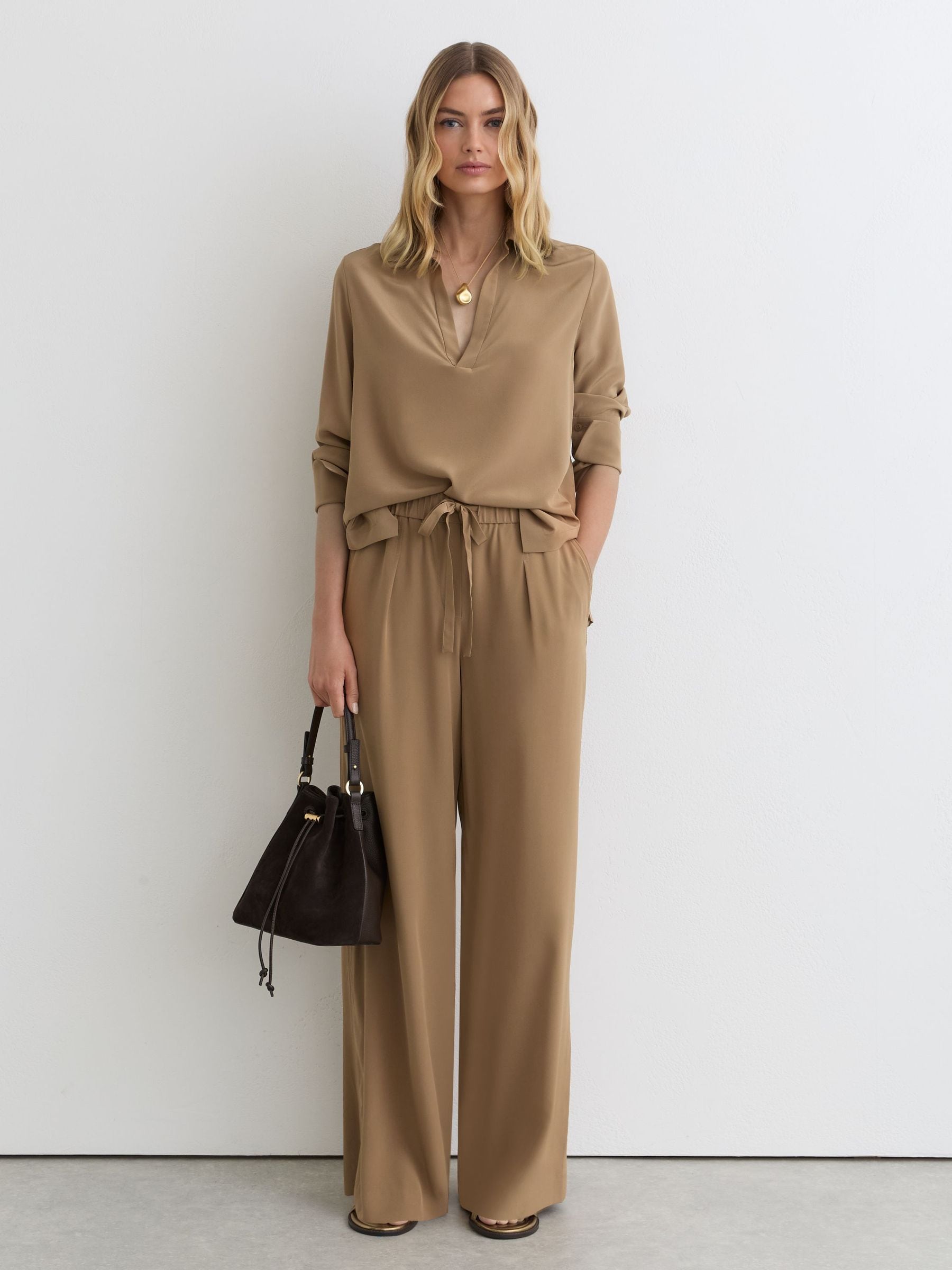Buy Reiss Camel Maria Matte-Silk Wide-Leg Trousers from Next USA