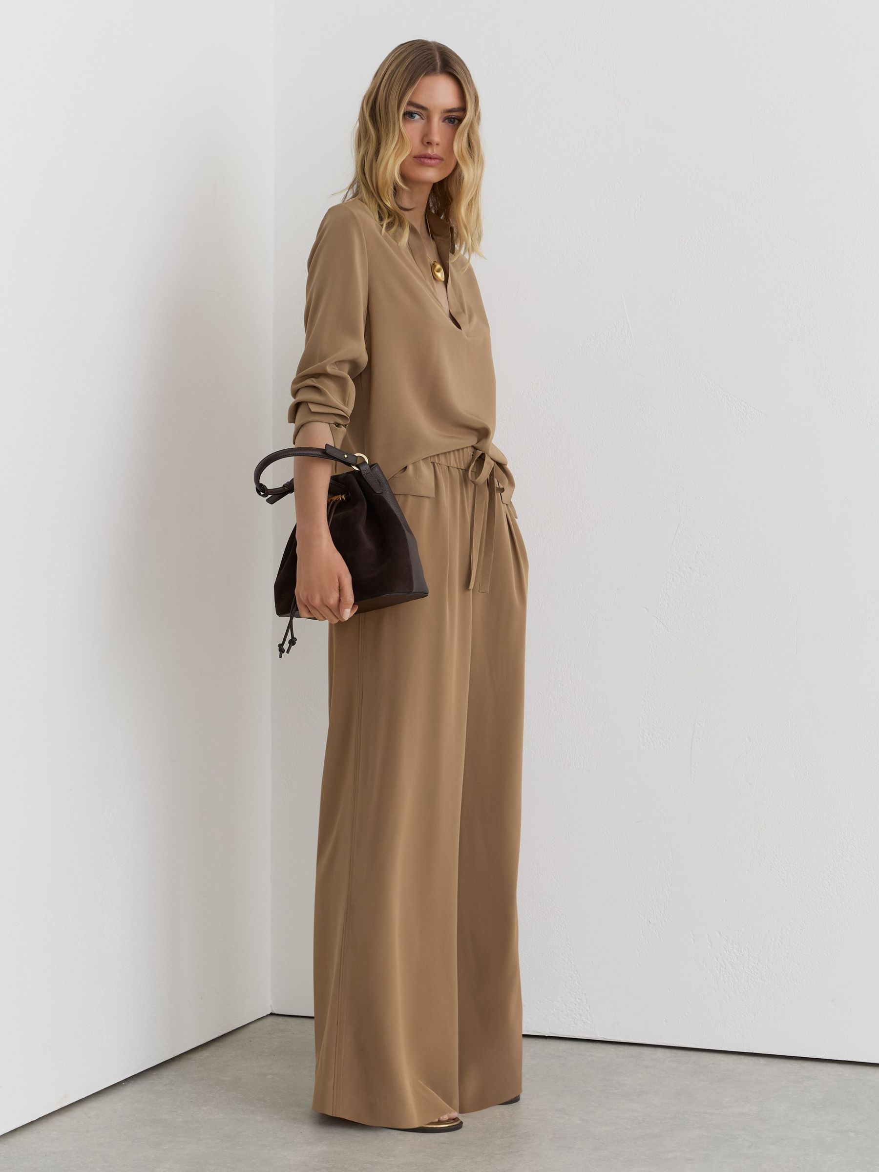 Buy Reiss Camel Maria Matte-Silk Wide-Leg Trousers from Next USA
