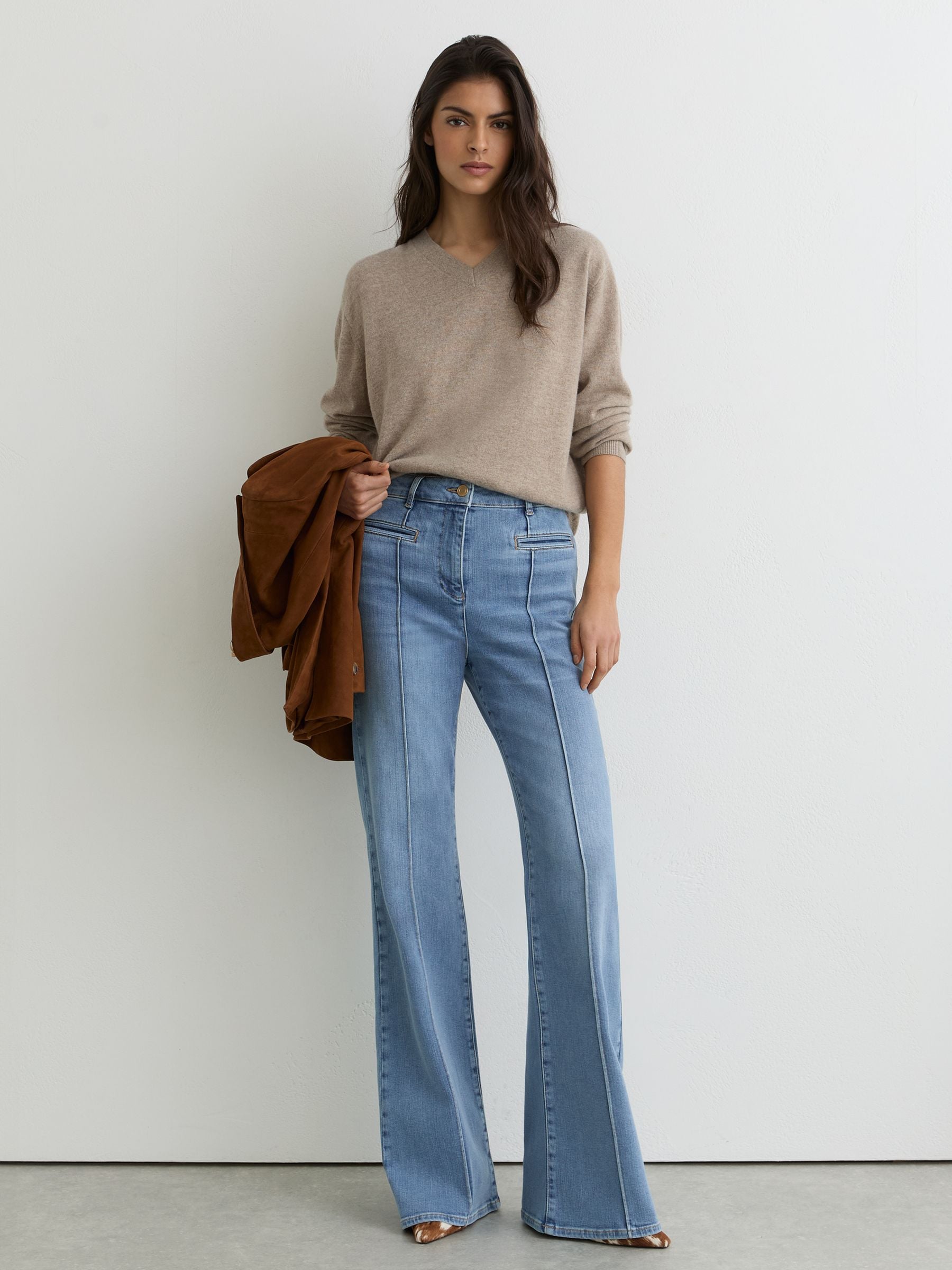 Buy Reiss Light Blue Claude Petite Pintuck-Detail Flared Jeans
