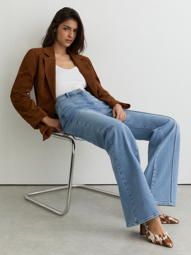 Reiss Light Blue Claude Petite Pintuck-Detail Flared Jeans - Image 1 of 9