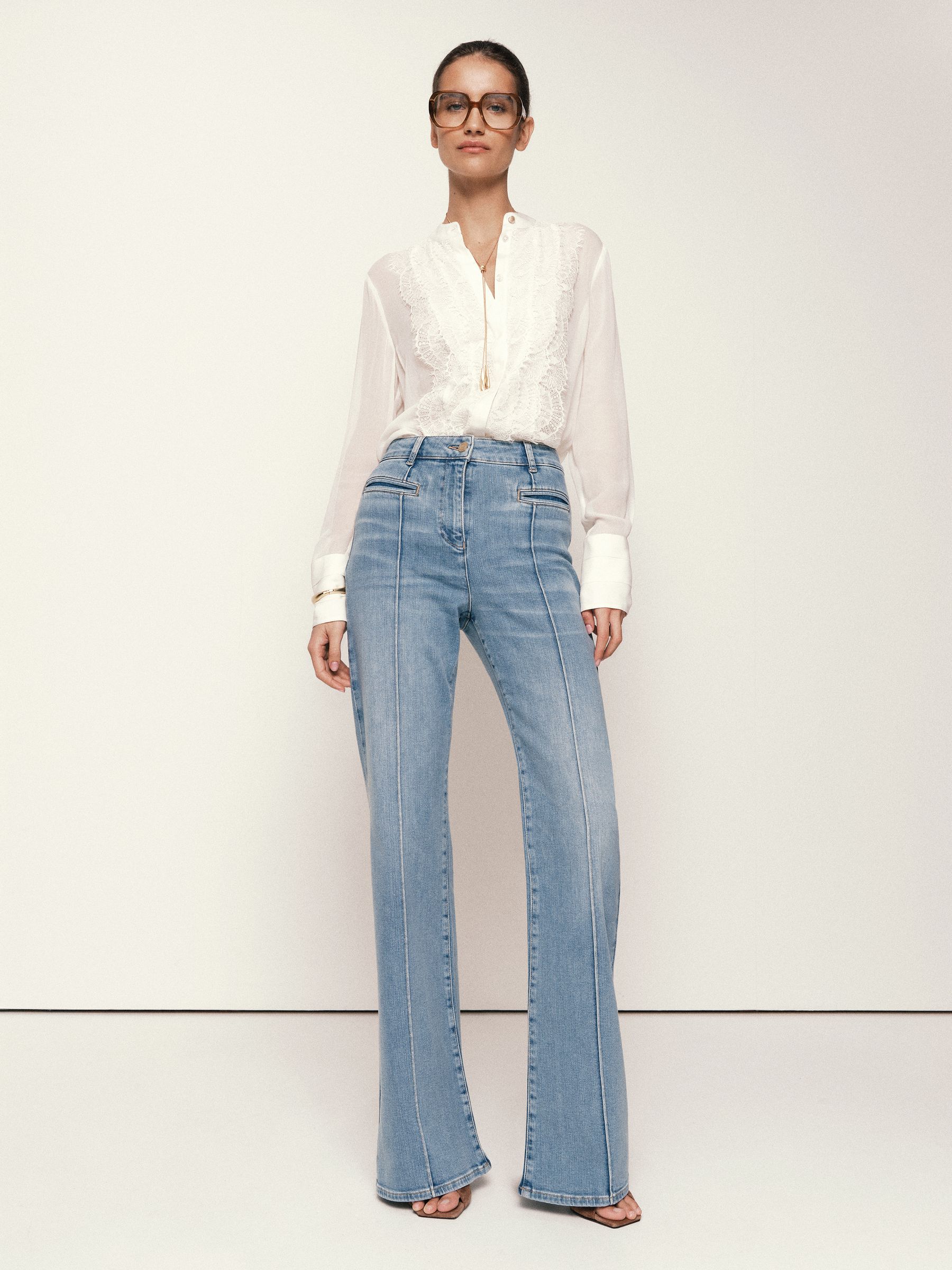 Buy Reiss Light Blue Claude Petite Pintuck-Detail Flared Jeans