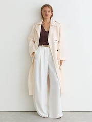 Reiss White Charli Petite Double-Breasted Trench Coat with Linen - Image 1 of 9