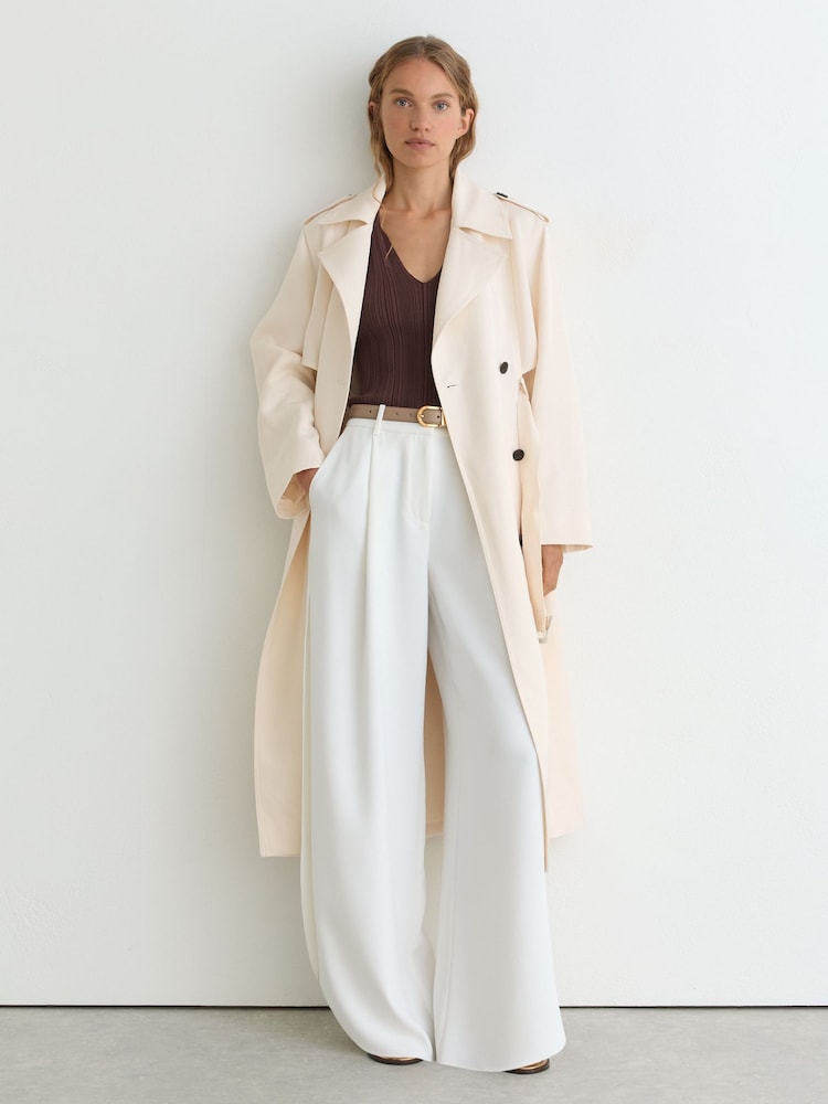 Reiss White Charli Petite Double-Breasted Trench Coat with Linen - Image 1 of 9