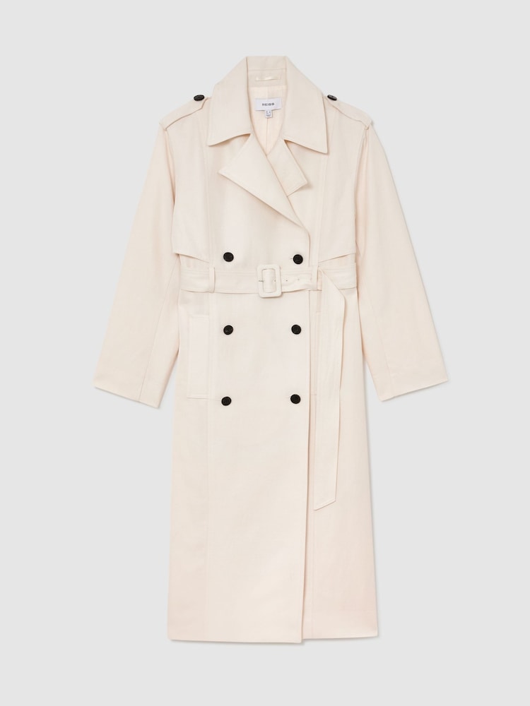 Reiss White Charli Petite Double-Breasted Trench Coat with Linen - Image 2 of 9