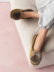 Khaki Green Pom Pom Ballet Slippers - Image 1 of 3