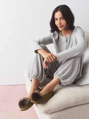 Khaki Green Pom Pom Ballet Slippers - Image 2 of 3