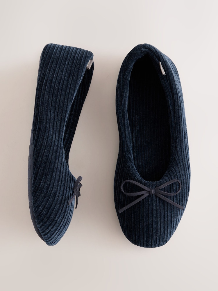 Navy Cord Velour Ballet Bow Slippers - Image 1 of 5 Navy Cord Velour Ballet Bow Slippers - Image 1 of 5