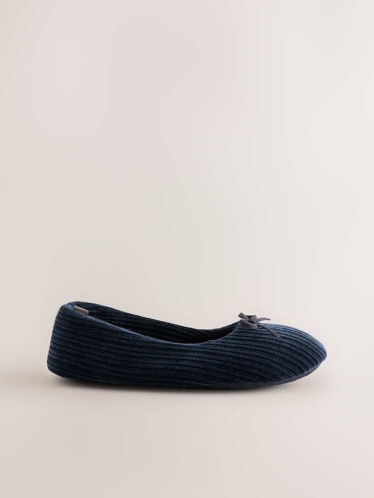 Navy Cord Velour Ballet Bow Slippers - Image 2 of 5 Navy Cord Velour Ballet Bow Slippers - Image 2 of 5
