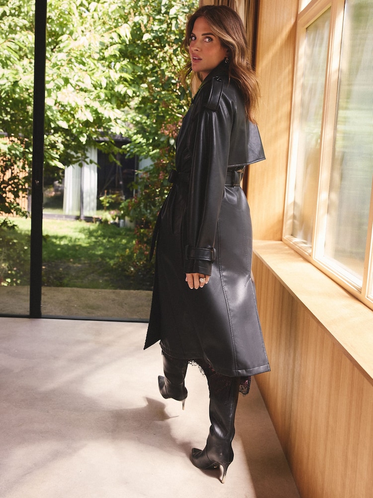 Love & Roses Black Faux Leather Belted Trench Coat - Image 5 of 5
