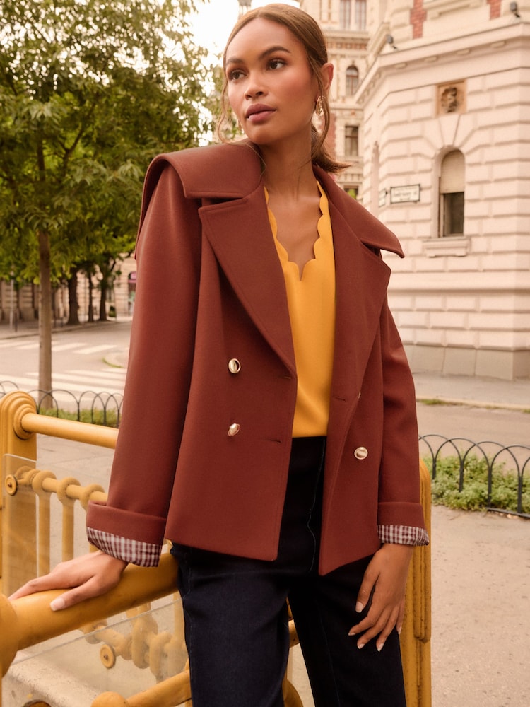 Love & Roses Cinnamon Faux Wool Double Breasted Cropped Pea Coat - Image 1 of 5