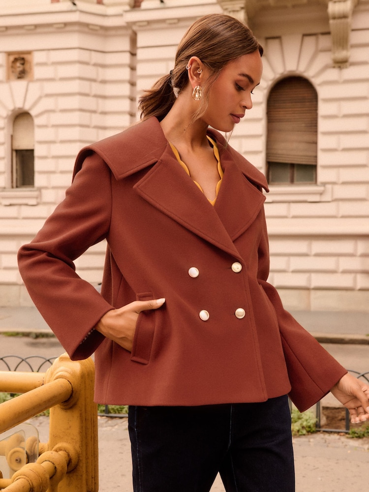 Love & Roses Cinnamon Faux Wool Double Breasted Cropped Pea Coat - Image 2 of 5