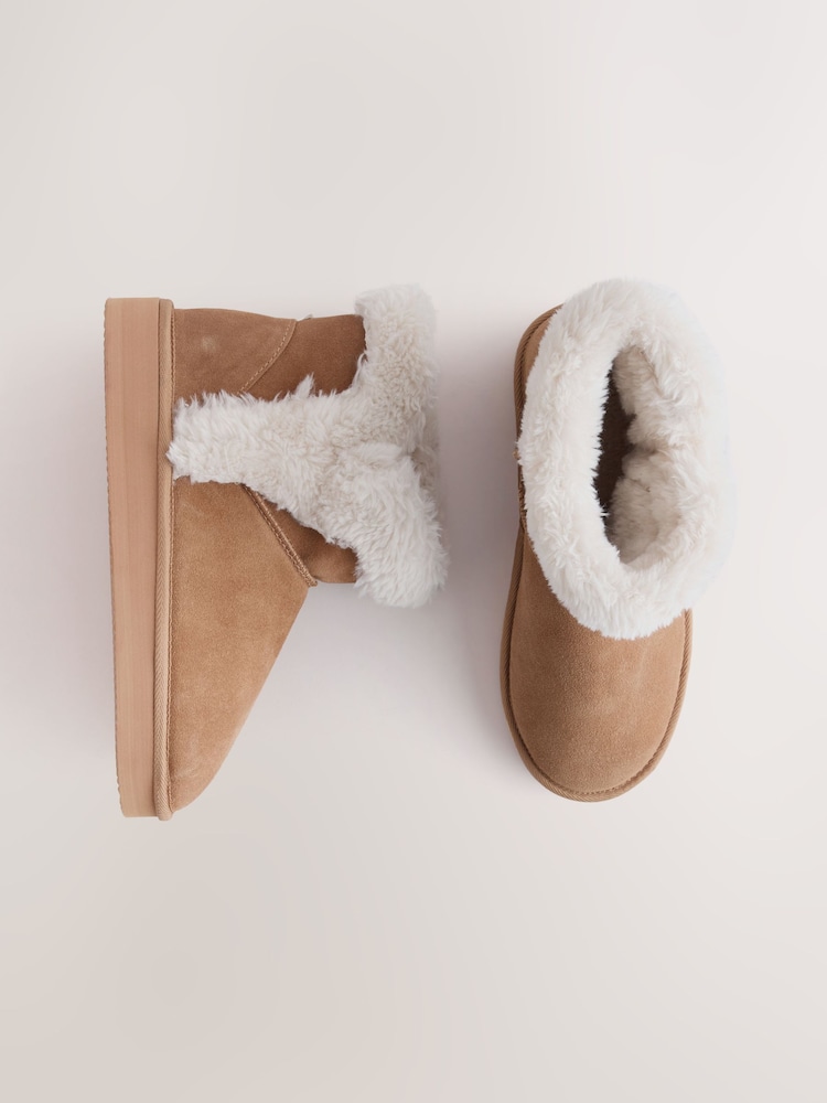 Tan Brown Suede Faux Fur Lined Boot Slippers - Image 1 of 6 Tan Brown Suede Faux Fur Lined Boot Slippers - Image 1 of 6
