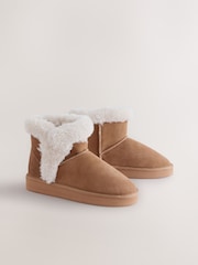 Tan Brown Suede Faux Fur Lined Boot Slippers - Image 2 of 6