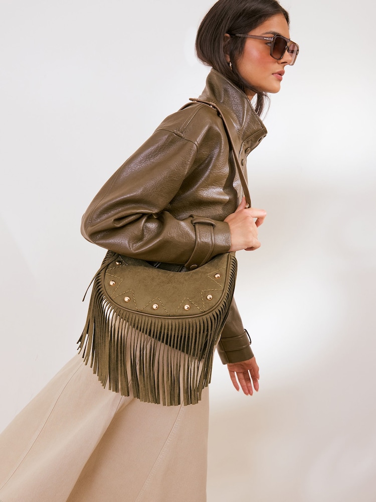 Friends Like These Khaki Green Fringe Tassel Studded Shoulder Bag - Image 1 of 9 Friends Like These Khaki Green Fringe Tassel Studded Shoulder Bag - Image 1 of 9