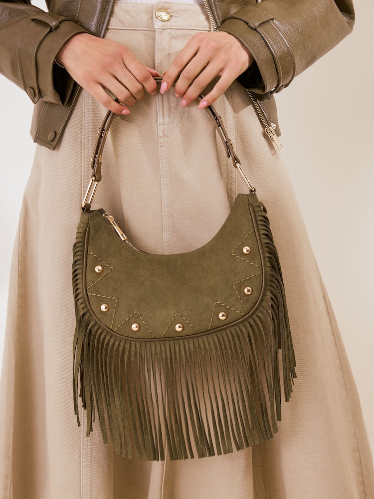 Friends Like These Khaki Green Fringe Tassel Studded Shoulder Bag - Image 2 of 9 Friends Like These Khaki Green Fringe Tassel Studded Shoulder Bag - Image 2 of 9