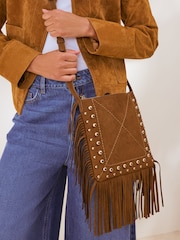 Friends Like These Tan Brown Fringe Studded Cross-Body Bag - Image 1 of 7