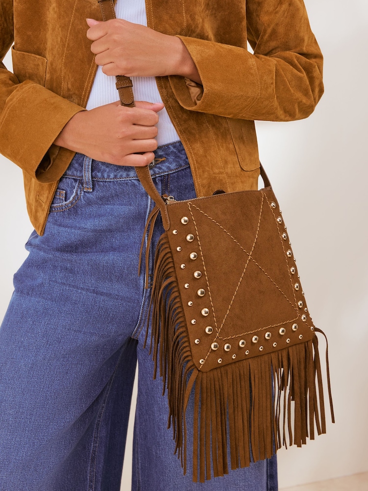 Friends Like These Tan Brown Fringe Studded Cross-Body Bag - Image 1 of 7 Friends Like These Tan Brown Fringe Studded Cross-Body Bag - Image 1 of 7