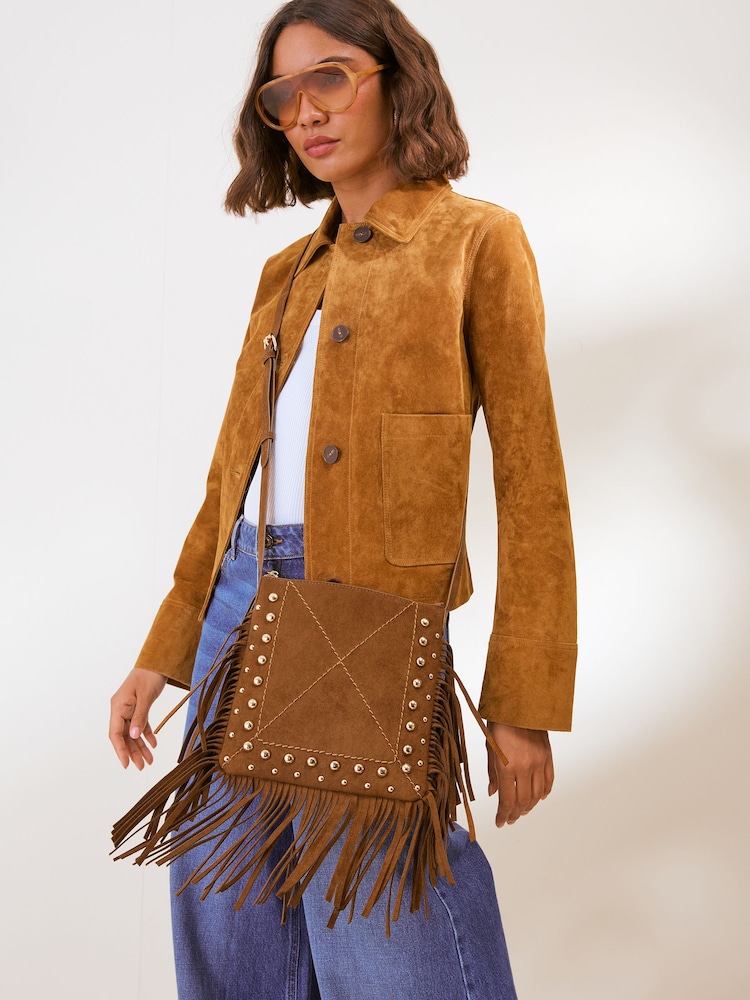 Friends Like These Tan Brown Fringe Studded Cross-Body Bag - Image 2 of 7 Friends Like These Tan Brown Fringe Studded Cross-Body Bag - Image 2 of 7