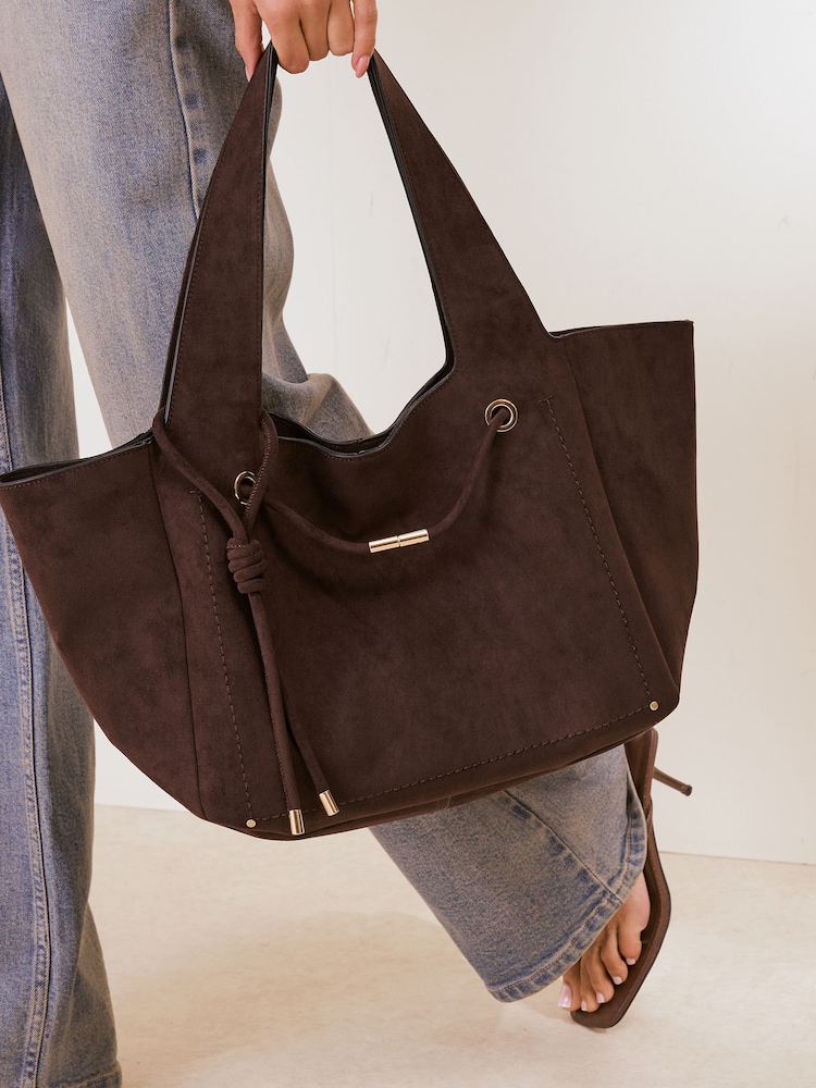 Friends Like These Chocolate Brown Suedette Tassel Trim Shopper Bag - Image 1 of 8