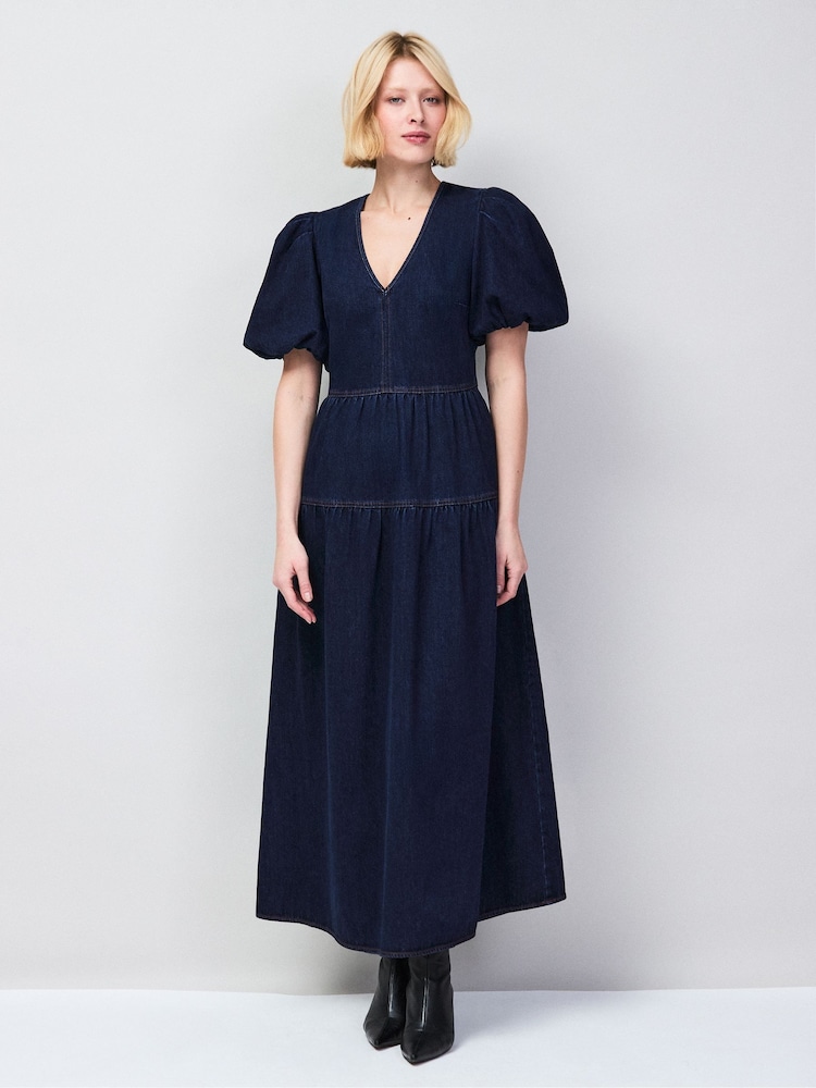 denim puff sleeve maxi dress Puff Sleeve Denim Midi Dress L / Light Denim