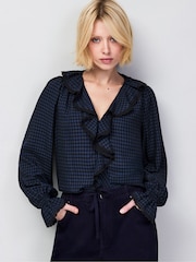 Ro&Zo Blue Check Ruffle Front Trim Detail Blouse - Image 1 of 5