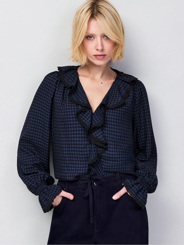 Ro&Zo Blue Check Ruffle Front Trim Detail Blouse - Image 1 of 5
