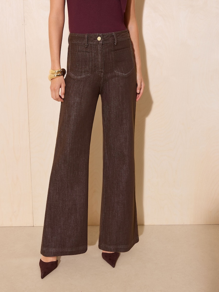Friends Like These Chocolate Brown Pocket Detail Smart Wide Leg Jeans - Image 2 of 6 Friends Like These Chocolate Brown Pocket Detail Smart Wide Leg Jeans - Image 2 of 6