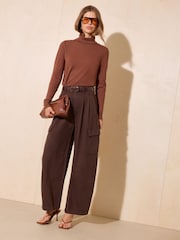 Friends Like These Chocolate Brown High Waisted Pleated Wide Leg Barrel Denim Jeans - Image 1 of 6