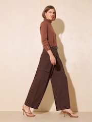 Friends Like These Chocolate Brown High Waisted Pleated Wide Leg Barrel Denim Jeans - Image 3 of 6
