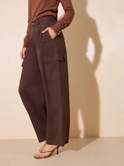 Friends Like These Chocolate Brown High Waisted Pleated Wide Leg Barrel Denim Jeans - Image 4 of 6