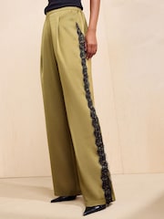Friends Like These Green Lace Side Trim Satin Wide Leg Trousers - Image 1 of 5