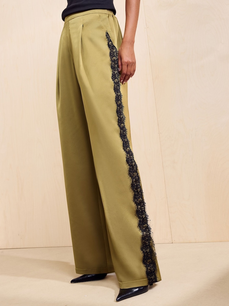 Friends Like These Green Lace Side Trim Satin Wide Leg Trousers - Image 1 of 5