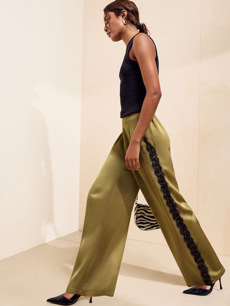 Friends Like These Green Lace Side Trim Satin Wide Leg Trousers - Image 2 of 5