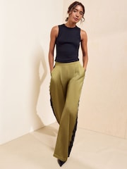 Friends Like These Green Lace Side Trim Satin Wide Leg Trousers - Image 3 of 5