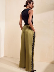 Friends Like These Green Lace Side Trim Satin Wide Leg Trousers - Image 5 of 5