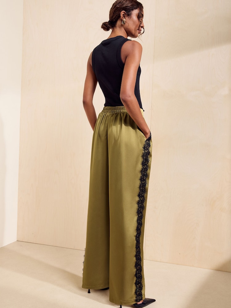 Friends Like These Green Lace Side Trim Satin Wide Leg Trousers - Image 5 of 5