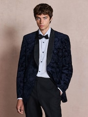 Navy Floral Patterned Regular Fit Cotton Velvet Blazer - Image 1 of 13