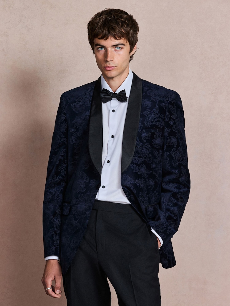 Navy Floral Patterned Regular Fit Cotton Velvet Blazer - Image 1 of 13