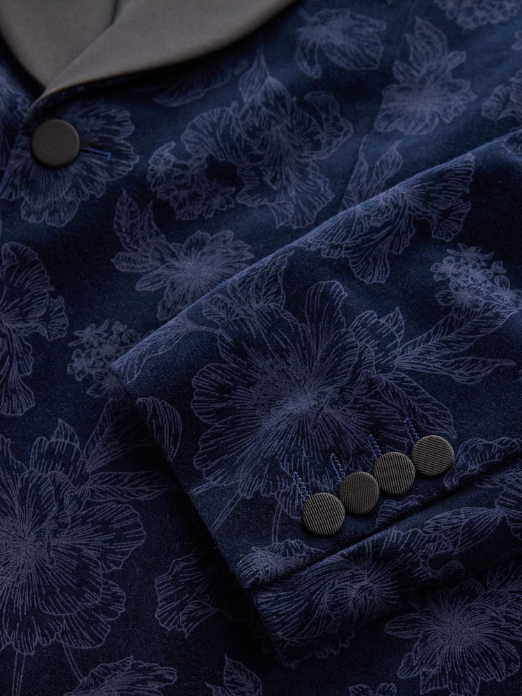 Navy Floral Patterned Regular Fit Cotton Velvet Blazer - Image 13 of 13