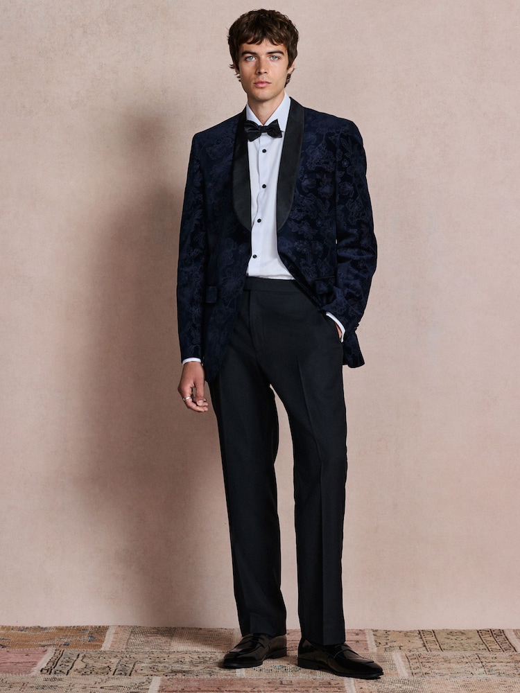 Navy Floral Patterned Regular Fit Cotton Velvet Blazer - Image 2 of 13
