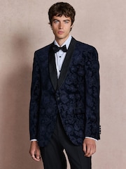 Navy Floral Patterned Regular Fit Cotton Velvet Blazer - Image 3 of 13