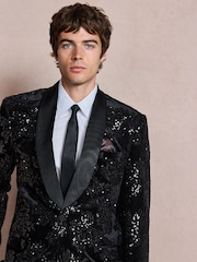Black Regular Fit Sequin Velvet Blazer - Image 1 of 6