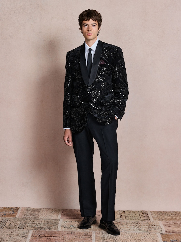 Black Regular Fit Sequin Velvet Blazer - Image 2 of 6 Black Regular Fit Sequin Velvet Blazer - Image 2 of 6