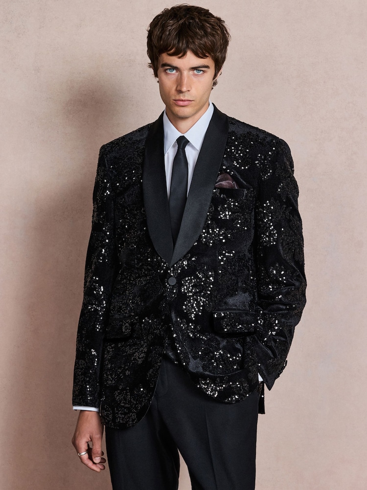 Black Regular Fit Sequin Velvet Blazer - Image 6 of 6 Black Regular Fit Sequin Velvet Blazer - Image 6 of 6