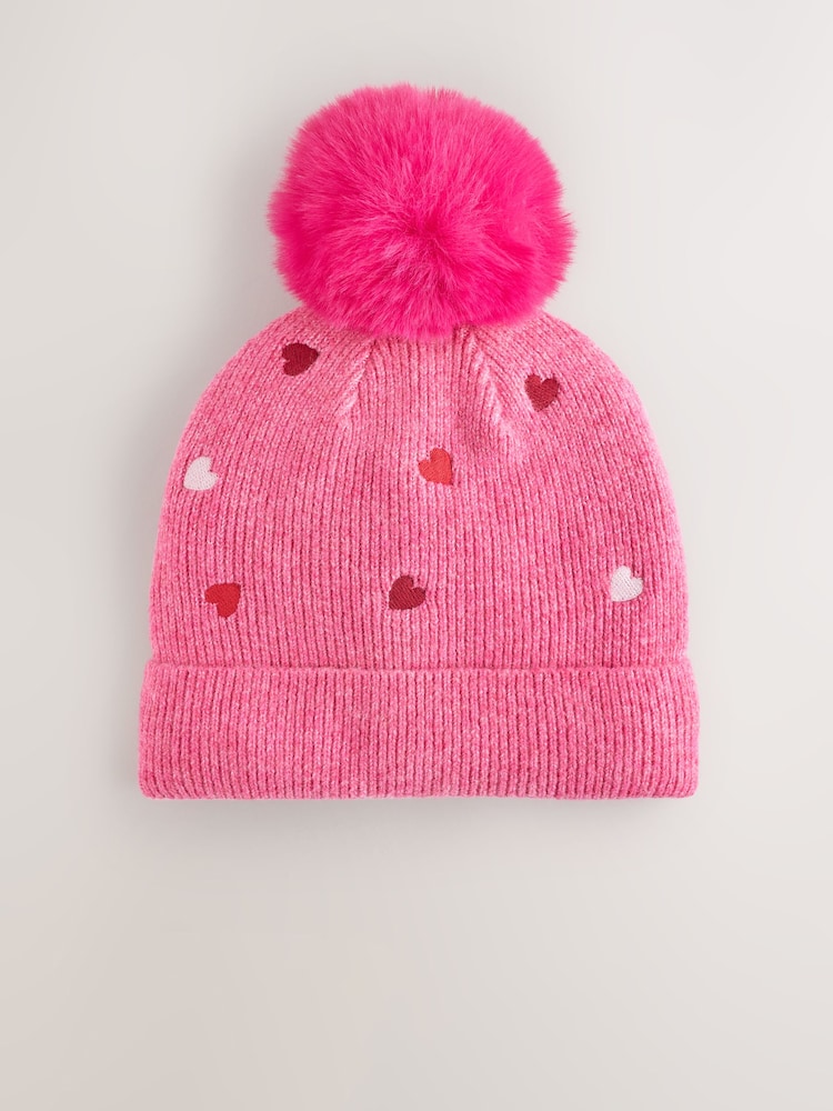 Pink Heart Pom Beanie Hat (3mths-16yrs) - Image 1 of 3 Pink Heart Pom Beanie Hat (3mths-16yrs) - Image 1 of 3