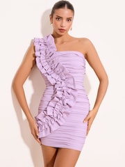 Lipsy Lilac Purple 3D Ruffle One Shoulder Pleated Mini Dress - Image 2 of 4