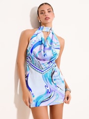 Blue Printed Halter Cowl Neck Mini Dress - Image 3 of 5