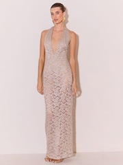Lipsy Silver Sheer Glitter Plunge Maxi Dress - Image 1 of 6