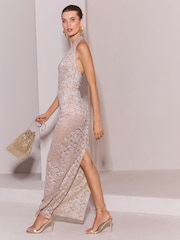 Lipsy Silver Sheer Glitter Plunge Maxi Dress - Image 3 of 6